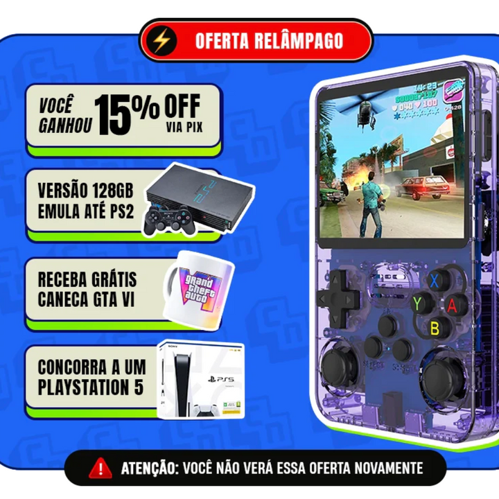 Game Portátil R36S™ Original - 30 mil Jogos de 20+ Consoles  + Case em couro [ PROMOÇÃO ZERA ESTOQUE ]